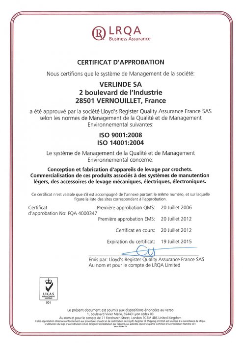 VERLINDE SA consigue el certificado ISO 14001 – 2004